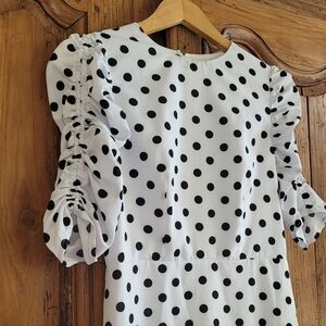 Polka Dot Puff Sleeve Dress - White with Black Dots